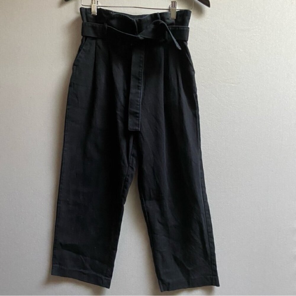 Oak Fort Cotton Linen High Waisted Belted Paperbag Pants Black Trousers Size 4
